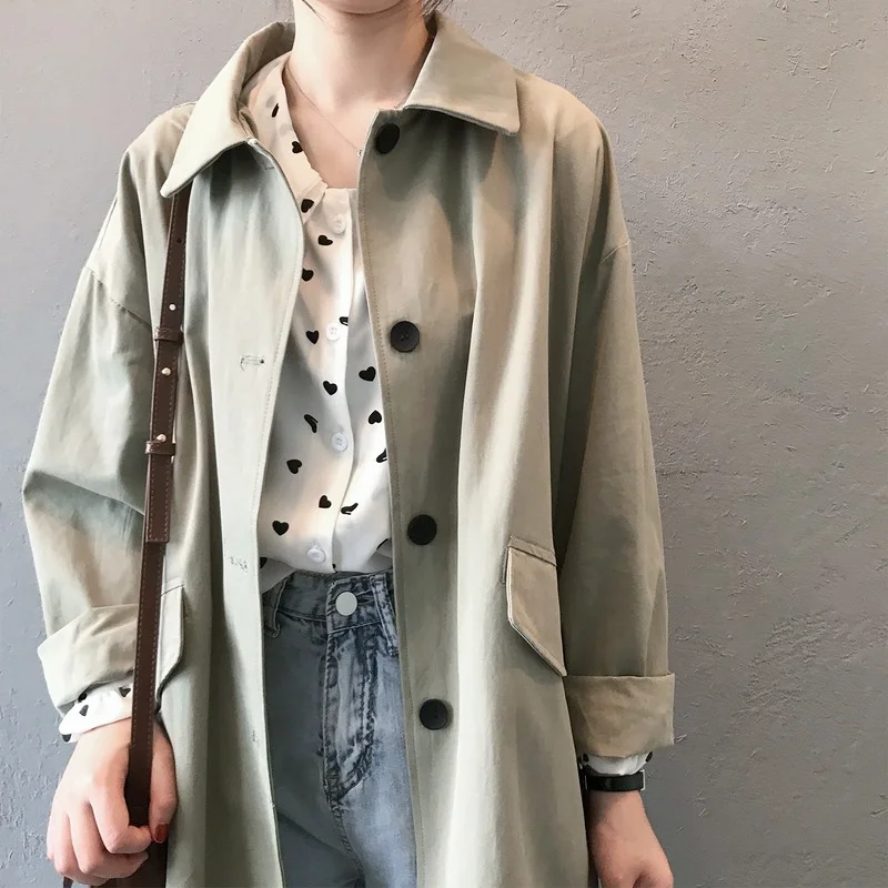 

Japan Safari Style Turn-down Collar Long Sleeeve Trench Coat for Women Side Pockets Solid Losse Fitting Outwear Chic Female Coat