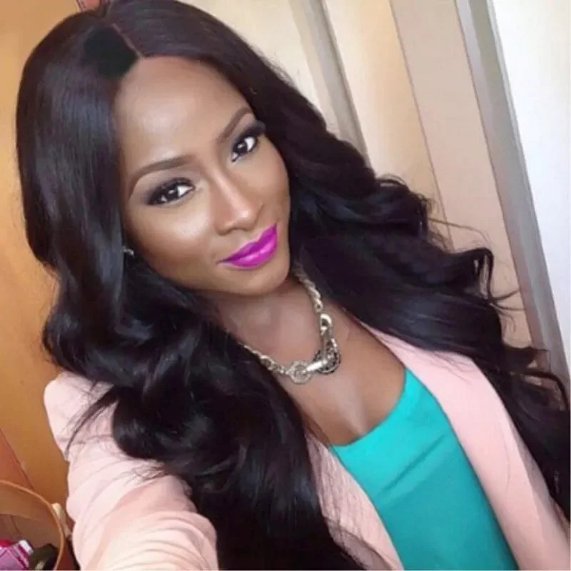 

Wig women's middle part bangs long curly hair black wavy filament false hair