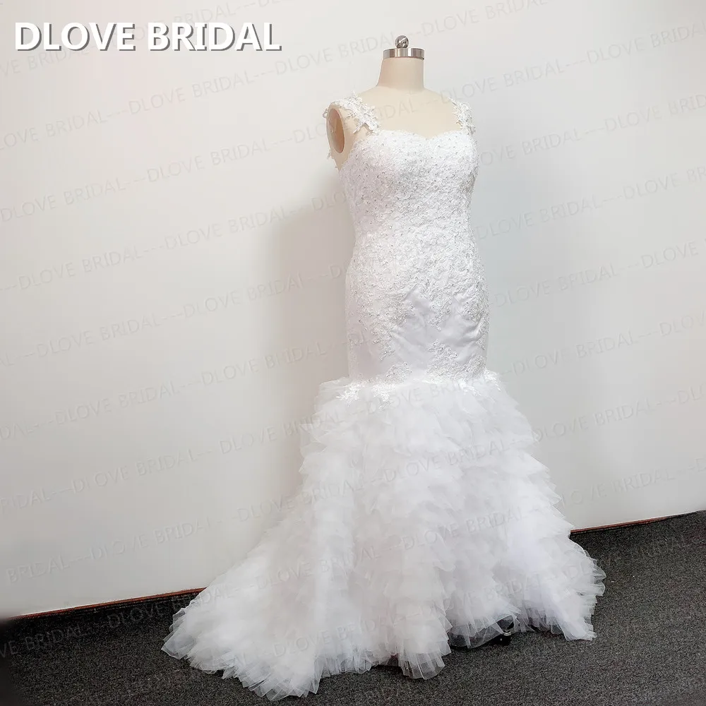 

Lace Straps Mermaid Lace Wedding Dress Ruffles Tulle Skirt Factory Custom Made Bridal Gown Real Photos