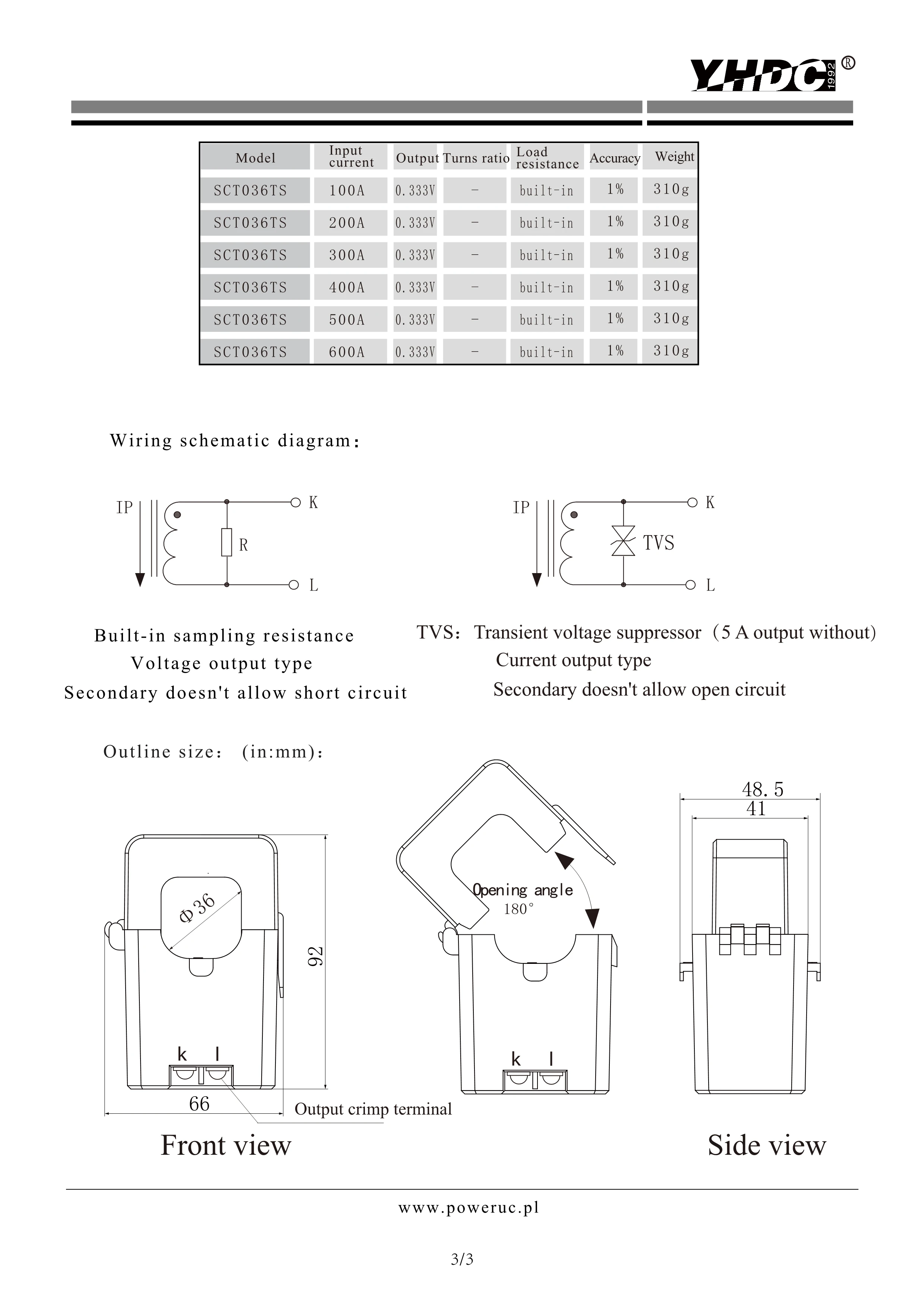 Раздельный трансформатор тока YHDC SCT036TS вход 50A 100A 200A 300A 400A 500A 600A выход 0.1A 1A 5A 0 333 V