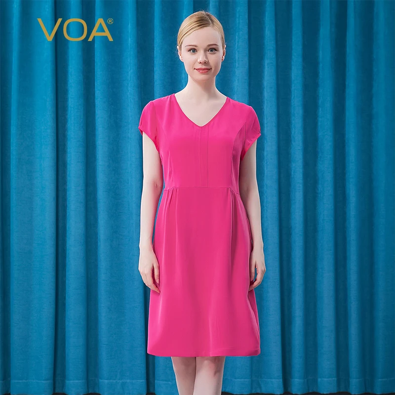 

VOA High-end Silk Grape Red Simple V-neck Bag Rotator Cuff Comfortable Loose Waist Pendant Skin-friendly Solid Color Dress AT97