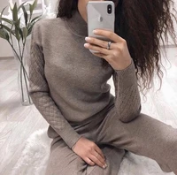 2 pieces set women knitted tracksuit turtleneck sweater carrot jogging pants pullover sweater set chic knitted outwear