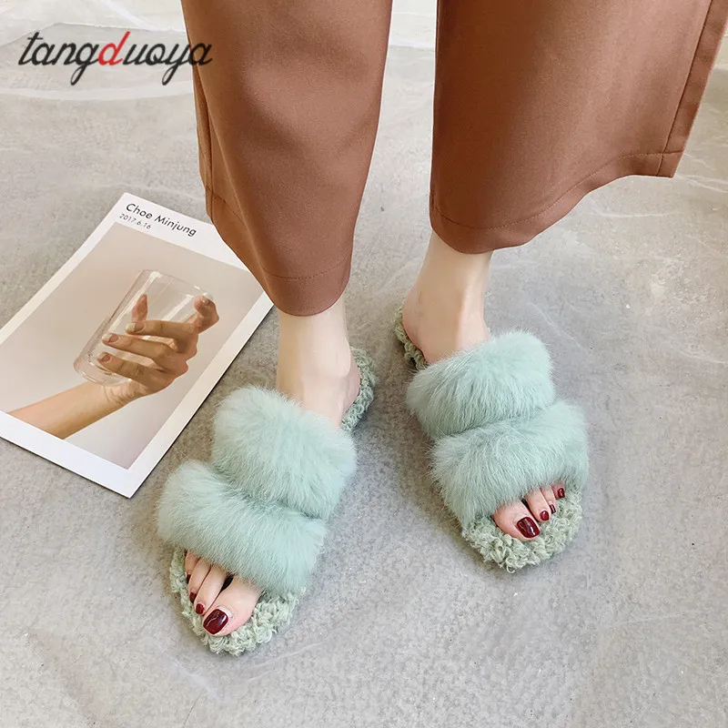 Домашние пушистые женские шлепанцы женская пушистая плюшевая обувь Вьетнамки