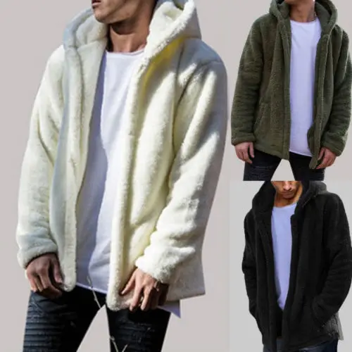 

Autumn Winter Men's Warm Fleece Fur Jackets Fashion Hooded Casual Loose Long Sleeve Tops Outwear Male Plush Zip Up Jackets