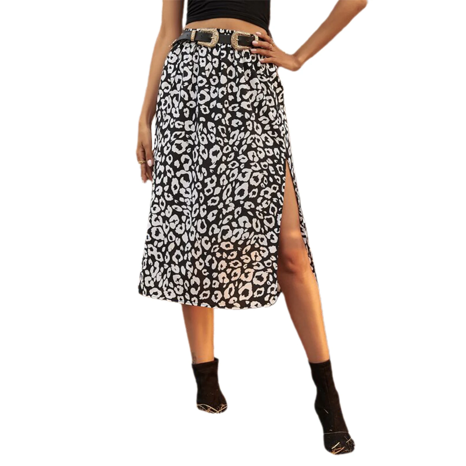 

Spring And Summer Sexy Women Leopard Print Skirt Sexy High Waist Split Skirt (Black White)