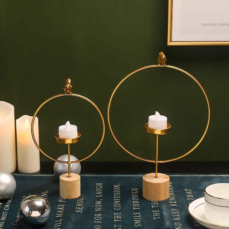 

Golden Modern Candle Holders Metal Candlestick Birds Wooden Candle Holders Round Shape Kerzenhalter Decor Table Basse