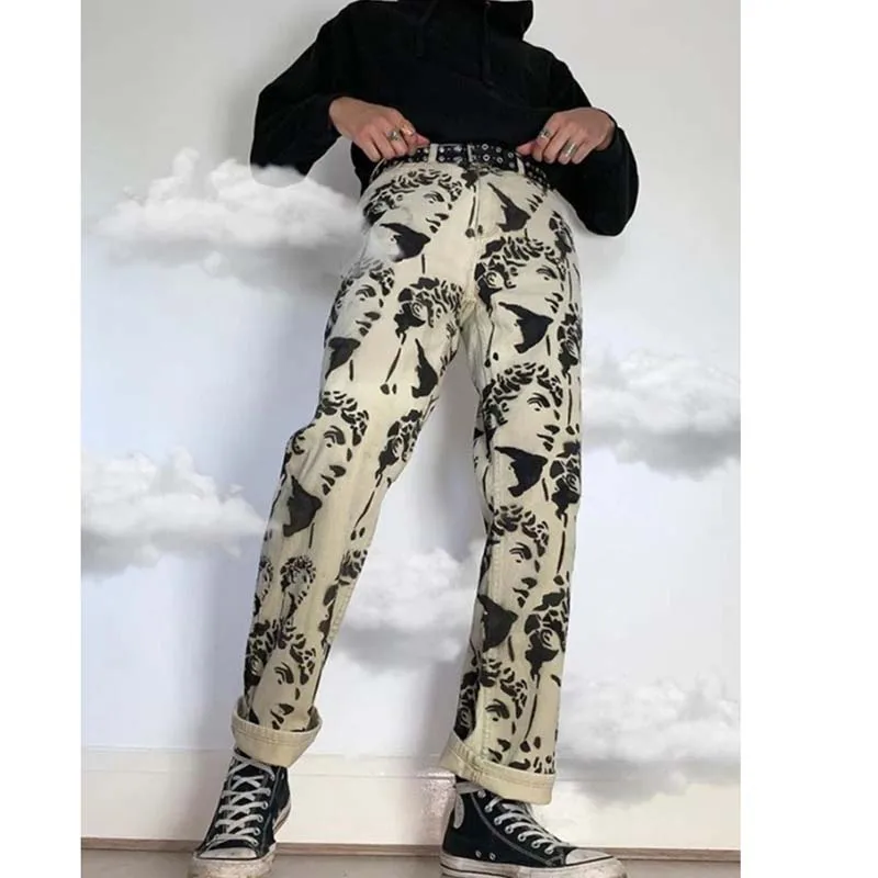 

Spring Autumn High Street Men's Statue Print Jeans Loose Straight Legs Men Casual Hip Hop Harajuku Fashion Moto Denim Pants 2021