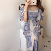 2021 summer new foreign style printed square collar exposed collarbone slim fit high waist lantern sleeve dress long skirt women