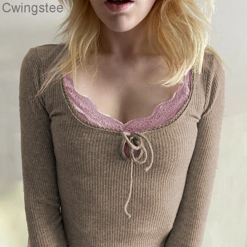 

Streetwear Long Sleeves T-shirts Retro Harajuku Solid Skinny Square Collar Shirts Kawaii Cute Lace Up Cropped Tee