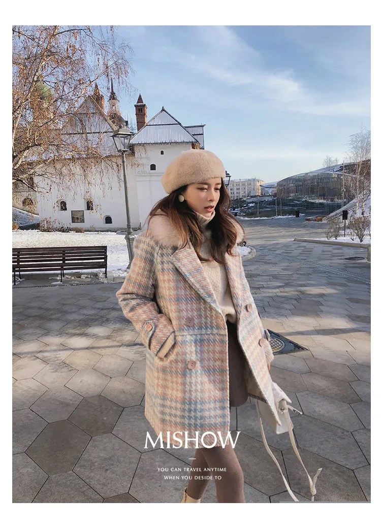 MISHOW женский верхняя одежда зимняя одежда мода теплые шерстяные смеси женский элегантный двубортный шерстяное пальто MX18D9679