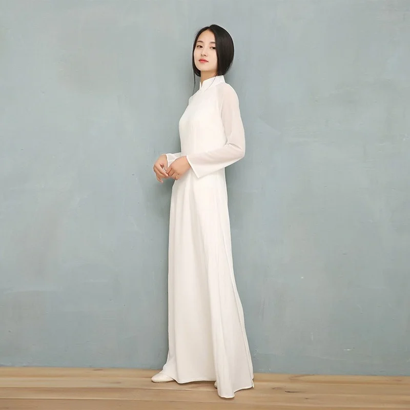 

2021 Vietnam Ao Dai White Solid Chiffon Perspective Dress for Woman Chinese Cheongsams Full Sleeve Female Oriental Dress