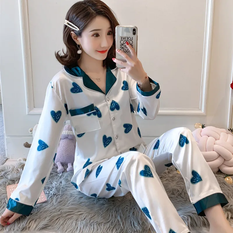 M-XXL Spring Autumn Pijama Mujer Long-Sleeved Faxu Silk Pajamas Women's Full Length Pyjamas Women Home Clothes Sleepwear