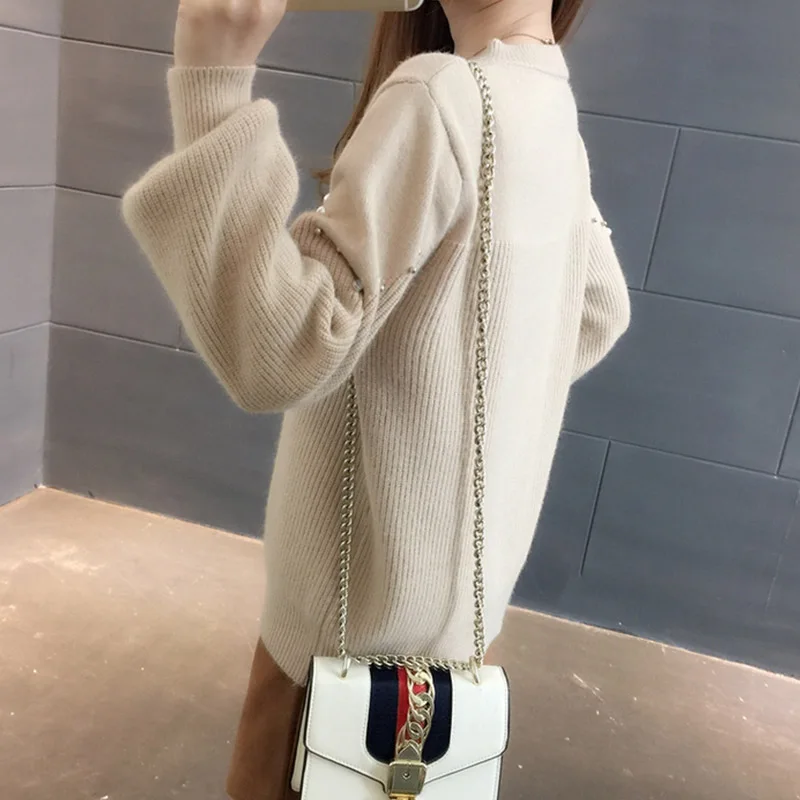 

2019 Autumn New French Style Women Sweaters Round Collar Loose Knitted Pullovers Lantern sleeve with Beaded Sweater Female cc677