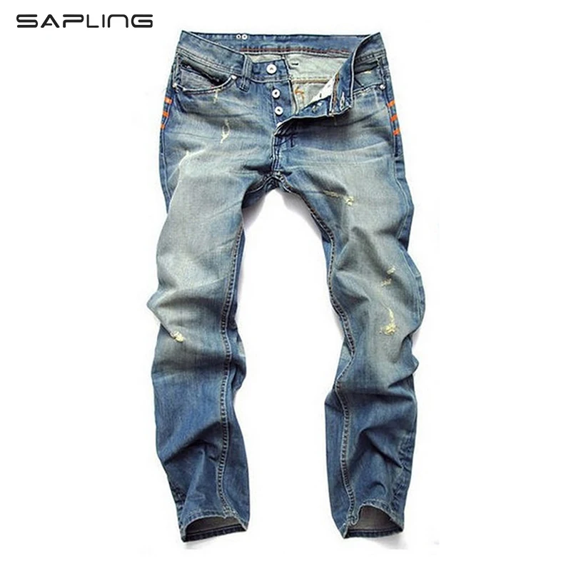 

Men's Light Blue Distressed Washed Denim Jeans Fashion Vintage Straight Slim Fit Hommes Cowboys Trousers Button Male Jean Pants