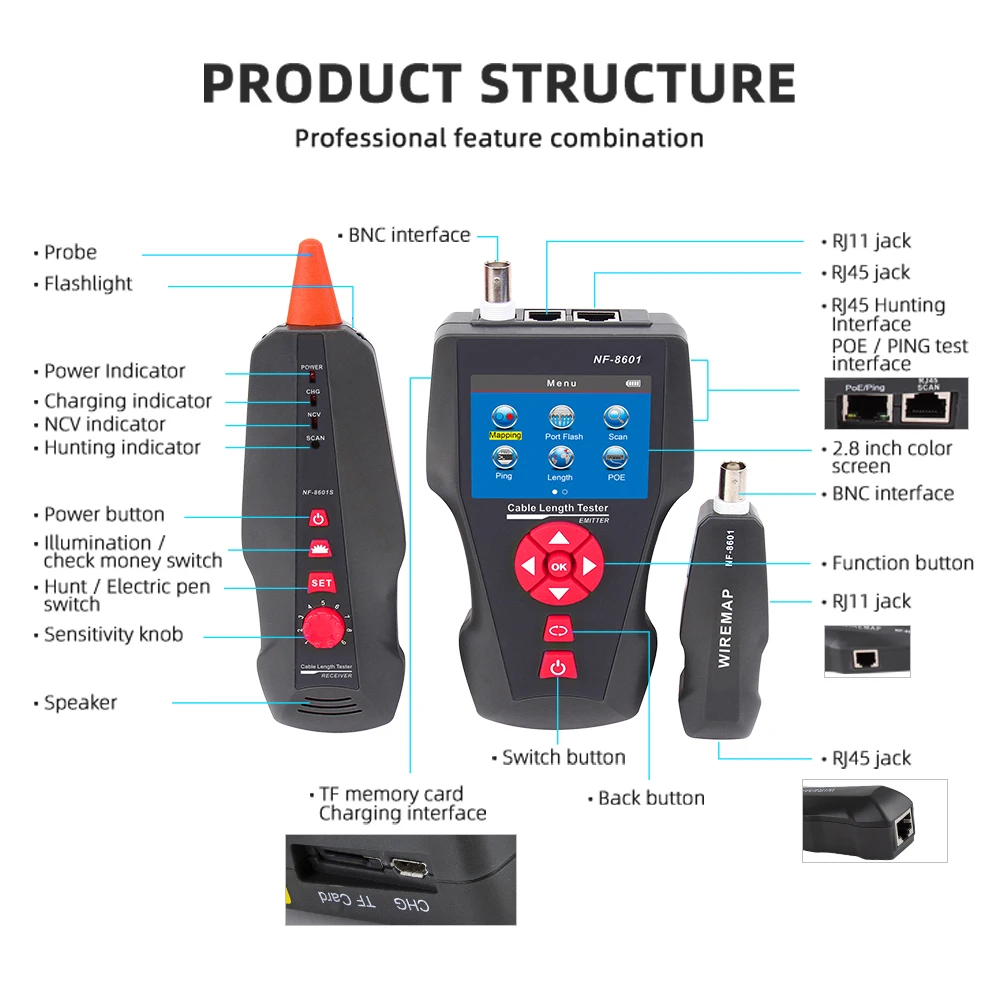 Noyafa NF-8601 Wire Locator Equipment lan cable tester with Check the PING&POE and cross-talk functions for RJ45