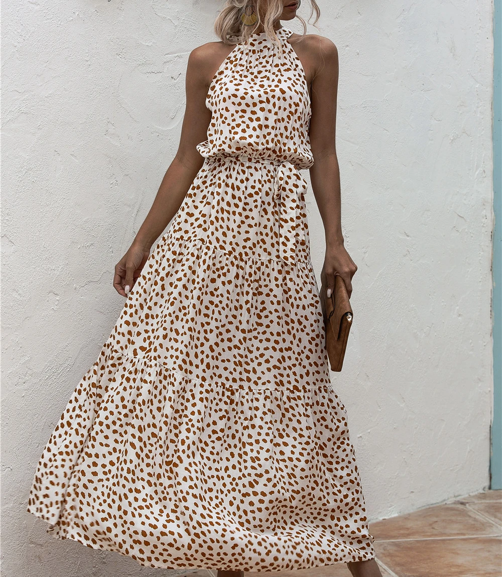 

Elegance Women Sleeveless Beach Casual Dress Boho Printed Flower Allover Dresses Femme Halter Evening Sundress Robe 2021Summer