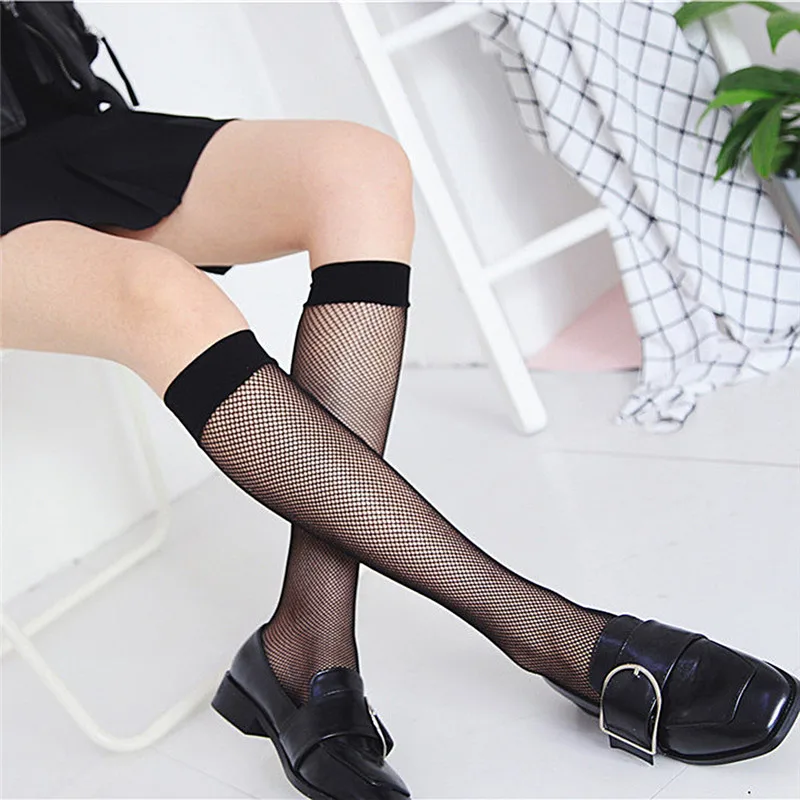 

1pair Women Female fashion Meias Sexy Goth Punk Cool Essential Hollow Thin Black Fishnet Medium Height Tube Socks