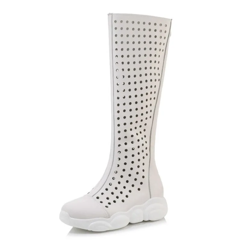 

Summer The Knee Boots Shoes Women Fashion Thick Sole Mesh Breathable Long Boots Female Casual White Black Zip Boots 2021 New