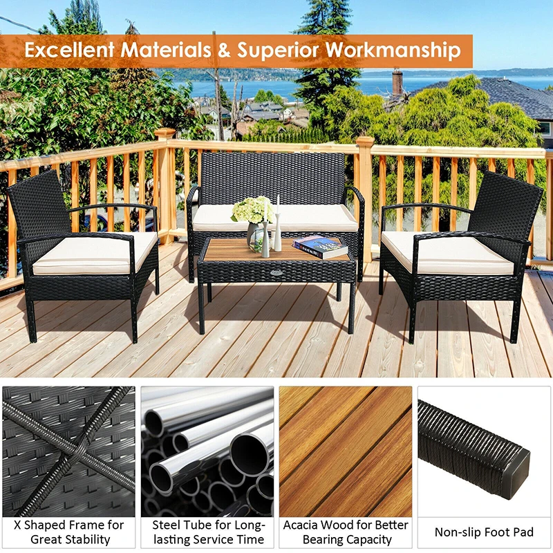 

4 Pcs Patio Rattan Furniture Set Heavy Duty Steel Frame Cushion Sofa Chair Acacia Wood Coffee Table Garden Furniture Sets