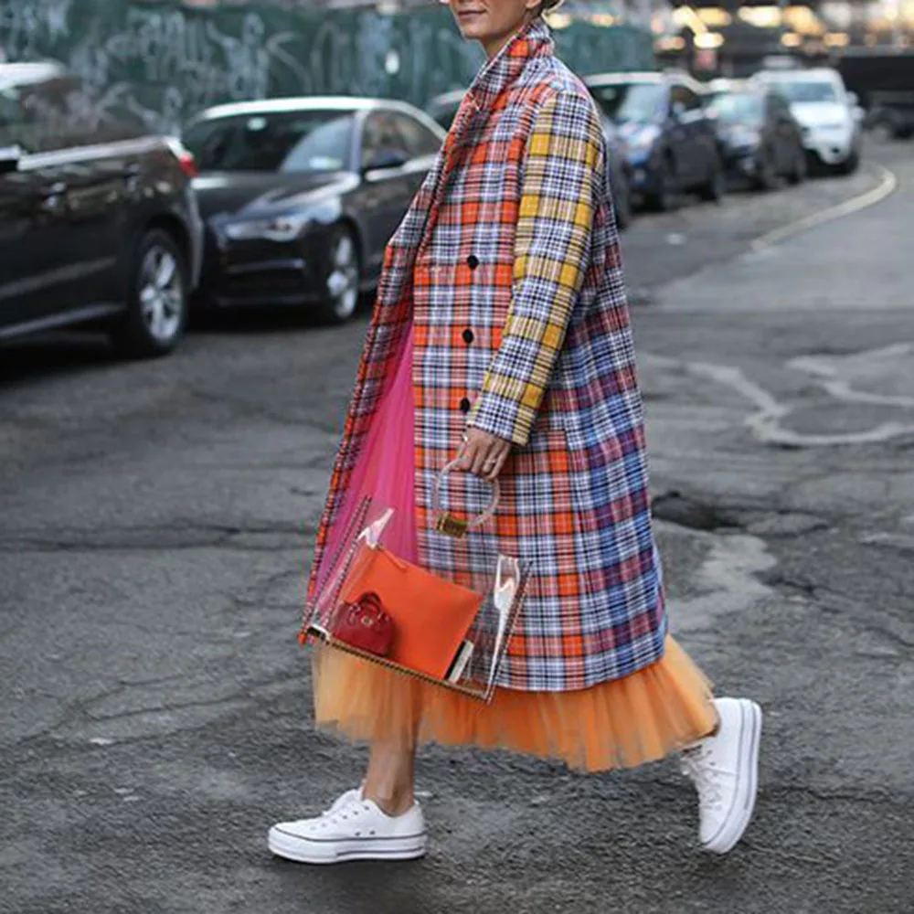 

2021 Fall Fashion Casual Women Overcoat Lapel Plaid Stitching Double Breasted Loose OL Commuter Long Coat Winter Cloth For Lady