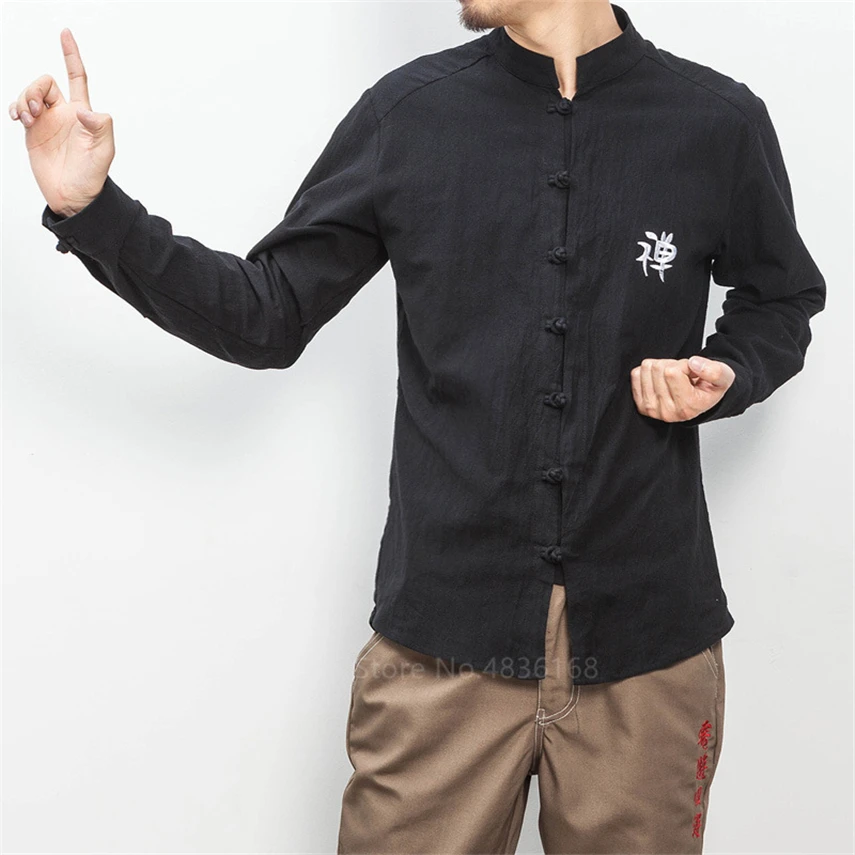 Мужская льняная рубашка с вышивкой Hanfu винтажная 2020 длинным рукавом традиционная