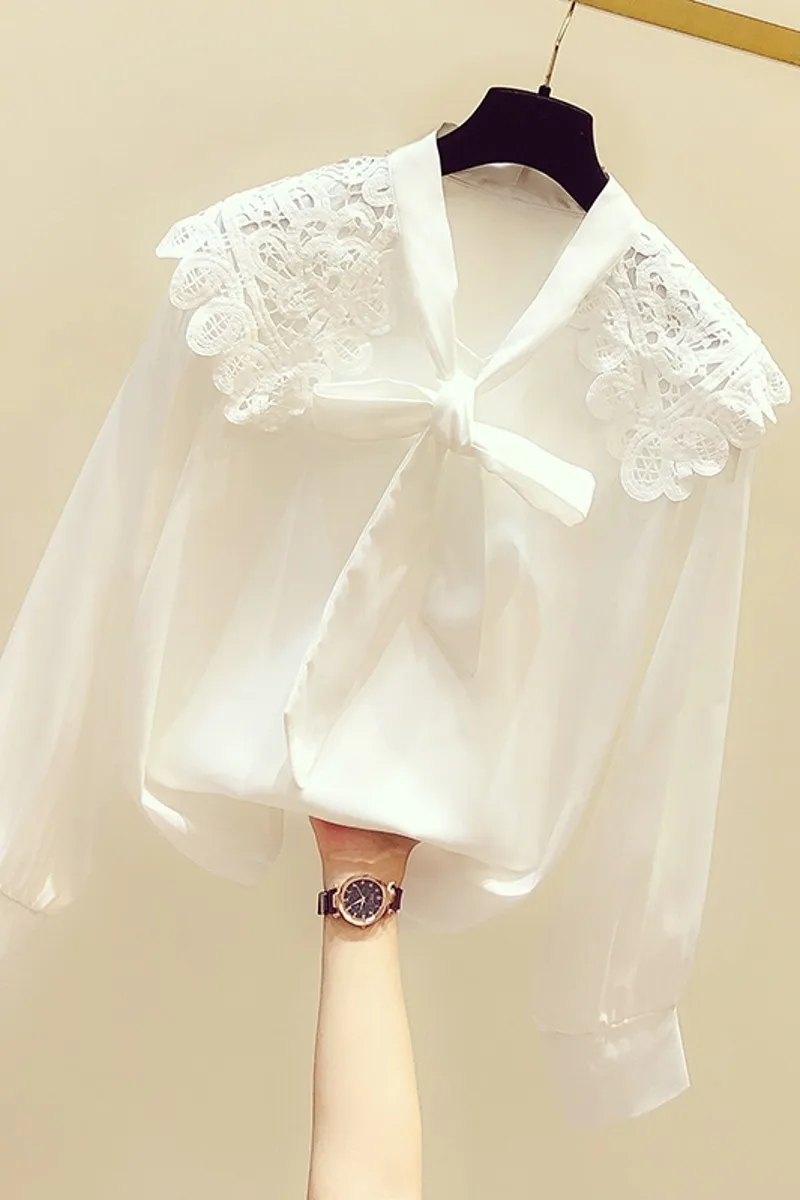 

2020 New Spring Autumn Women Clothes White Lace Patchwork Bow Collar Long Sleeve Blouses Super Fairy Bottoming Shirts