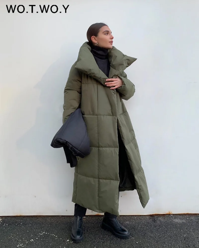 

WOTWOY Winter Thickening X-Long Parkas Women Wide-Waisted Loose Cotton Padded Jackets Female Green Grey Sashes Warm Windbreaker