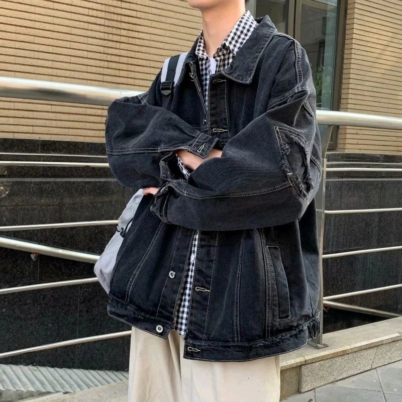 

PR 2021 Autumn Hong Kong Style Retro Denim Men's Jacket Streetwear Hip Hop Men's Hooded Coats Male Casual Loose Outerwear