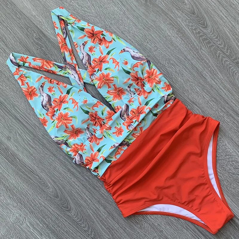 

2021 Sexy One Piece Swimsuit Female Floral Women Swimwear Push Up Bathing Suits Bodysuits Beach wear Deep V-neck Ruffle Monokini