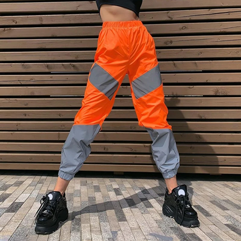 

Autumn Winter Loose Hight Waist Flash Reflective Patchwork Jogger Pants 20121 Women Neon Streetwear Outfits Cargo Trousers