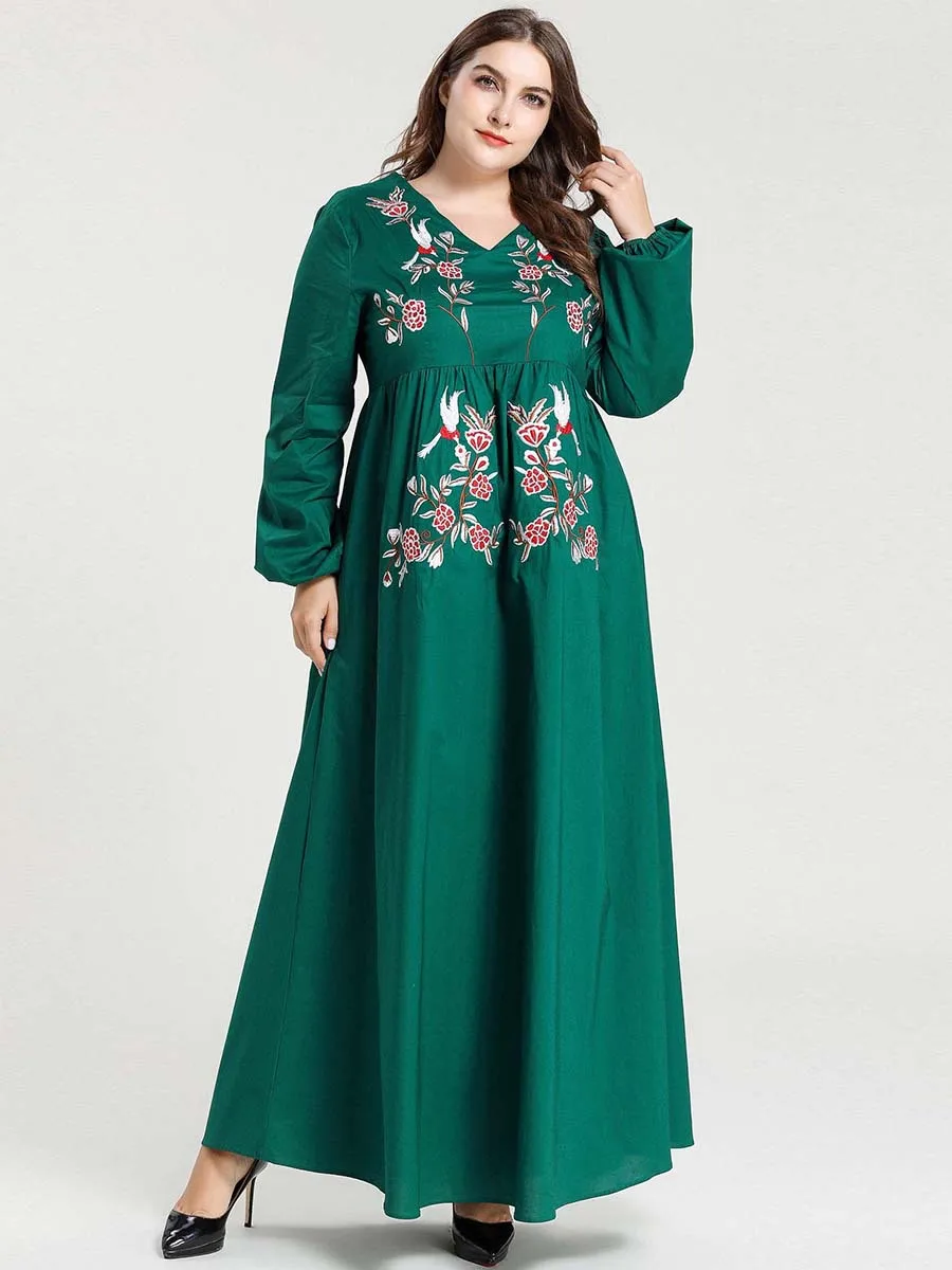 Женское длинное платье из хлопка с длинным рукавом v образным вырезом и цветочной
