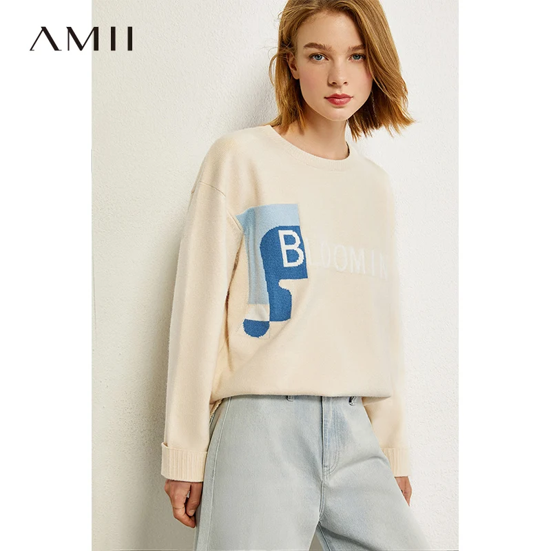 AMII Minimalism Autumn Winter Sweaters For Women Fashion Oneck Letter Loose Oversized Sweater Women's 12070390 | Женская одежда