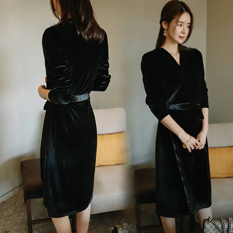 

autumn Fashion Vintage Bandage Long Sleeve Party Women Dresses Vestidos elegant Women black V Neck Dresses Women velvet Dress