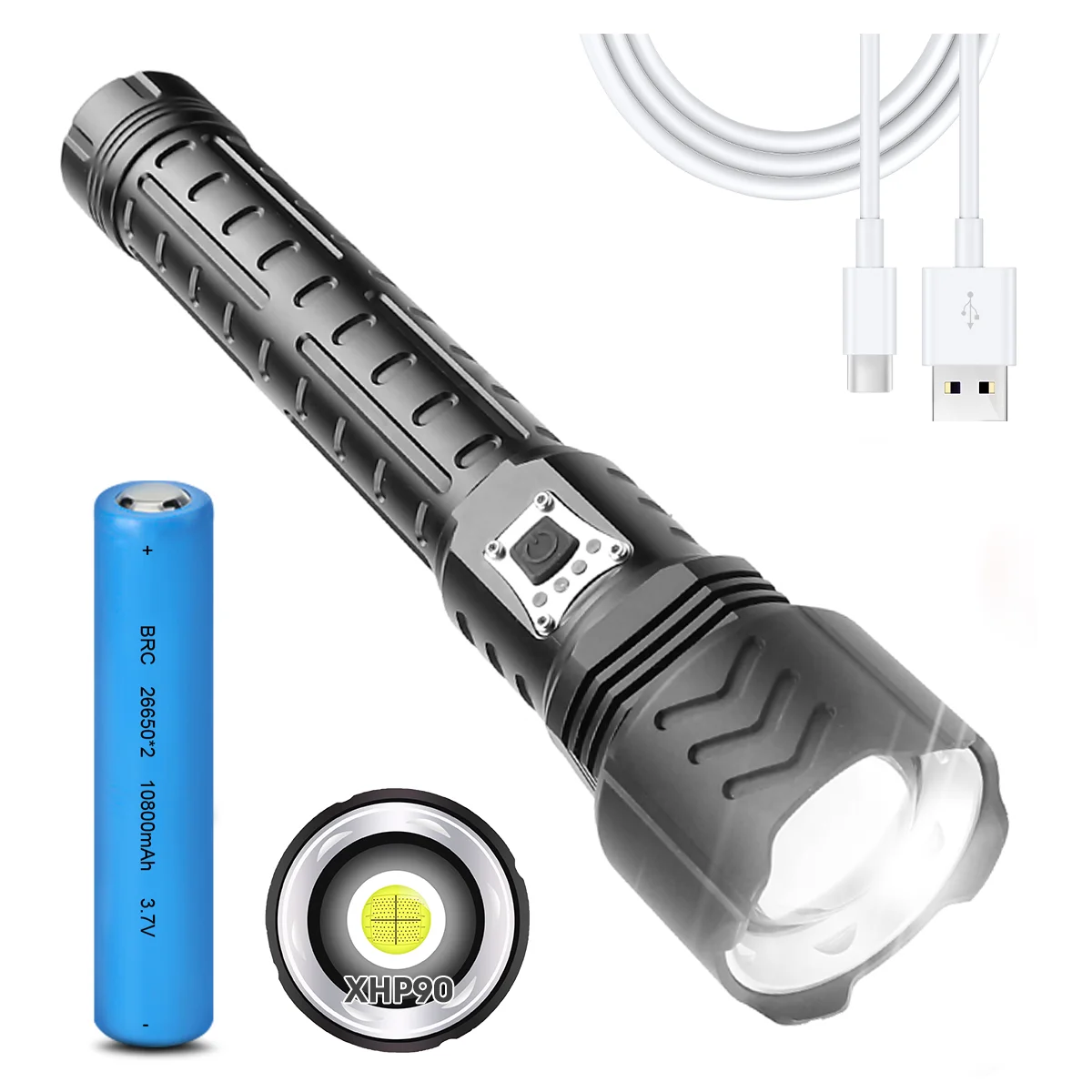 

LED Flashlight Rechargeable Super Bright Handheld Camping Flashlights 26650 Battery USB 5 Mode Searchlight for Home Hiking Torch