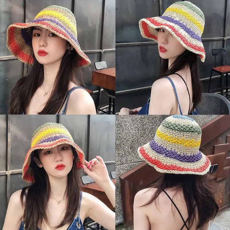 

Women Handmade Crochet Straw Sun Hat Rainbow Colorful Stripe Sunscreen Beach Cap