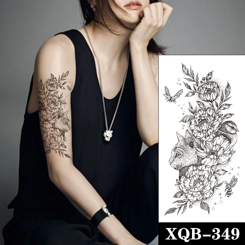 

Водостойкая Временная тату-наклейка, кошка, птица, черные цветы, дизайн насекомых, искусственные татуировки, тату для тела на руку, боди-арт для женщин и девочек
