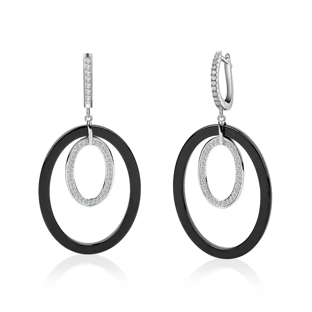 silver and black B HanCheng, новинка, посеребренные висячие серьги, циркон, драгоценный камень, керамические круглые длинные висячие серьги для женщин, ювелирные изделия, brincos bijoux - Окраска металла: silver and black B