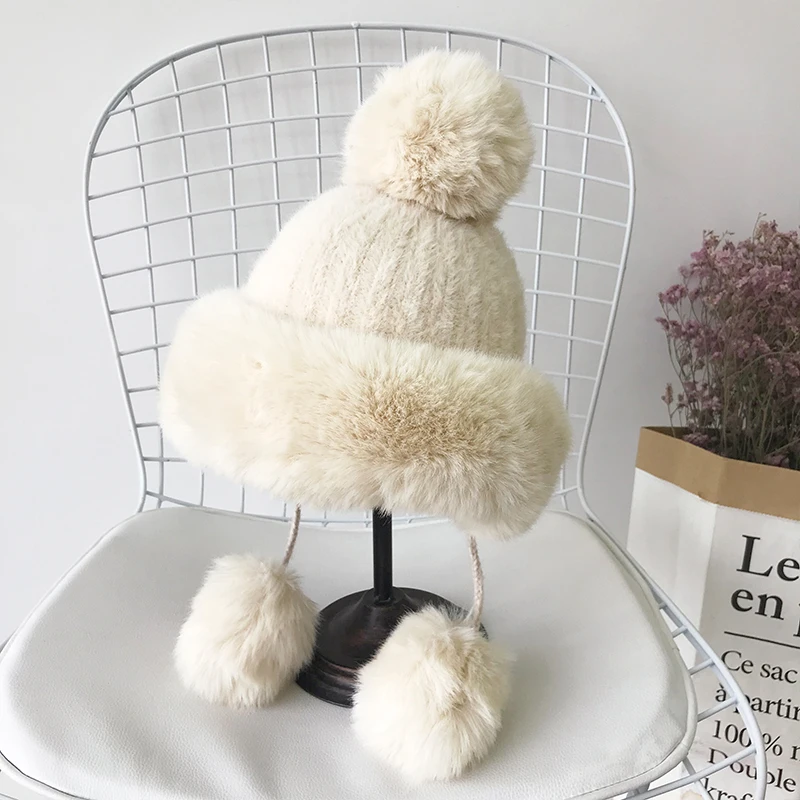 Зимняя женская однотонная вязаная шапка Faxu Fox Pom с помпонами Skullies Beanies шапки