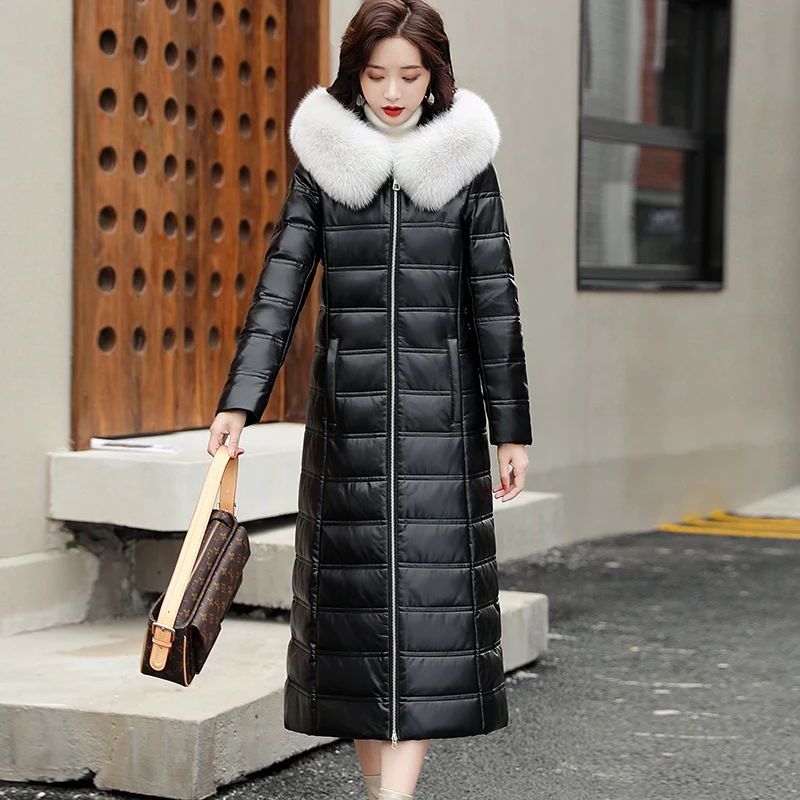 New Women Sheepskin Down Coat Autumn Winter 2022 Elegant Fashion Warm Fox Fur Collar Slim Thick Long Leather Down Overcoat