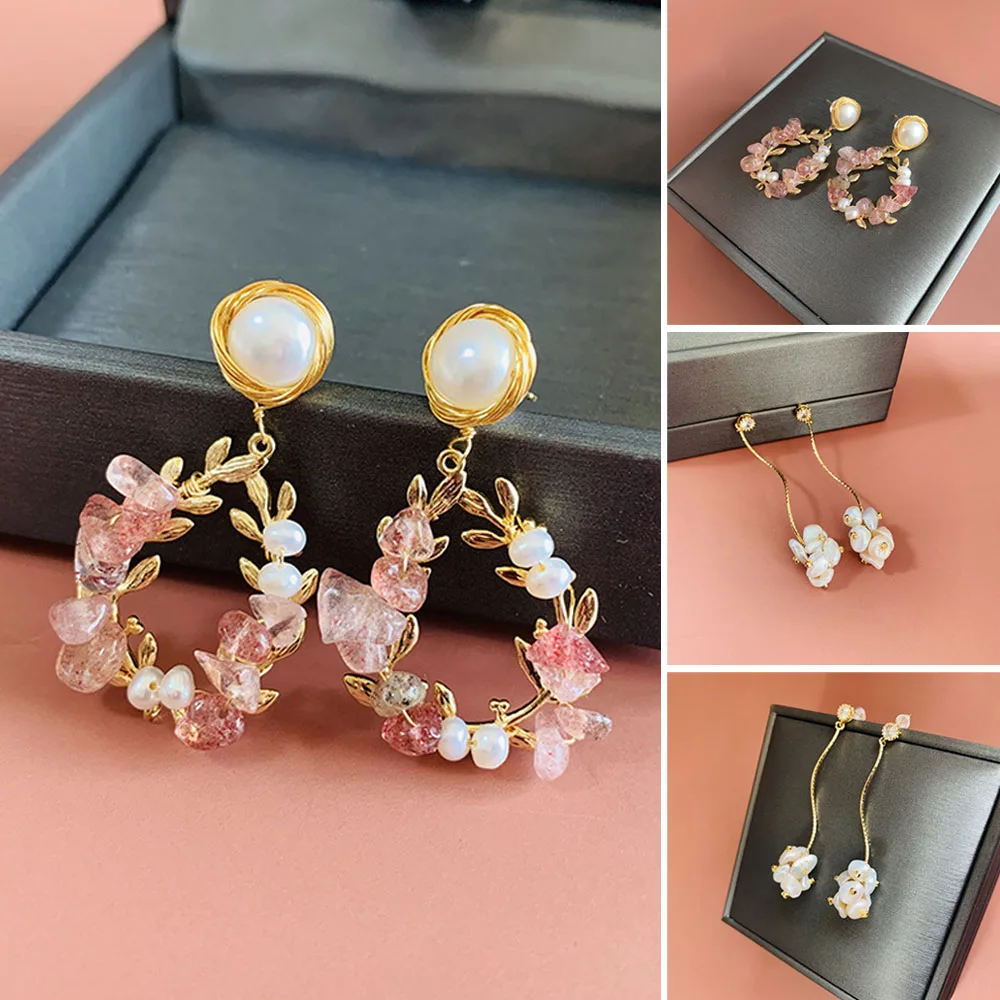 

Висячие серьги с клубничным кристаллом и пресноводным жемчугом, длинные серьги-кисточки с цветком, модные ювелирные изделия для женщин, под...