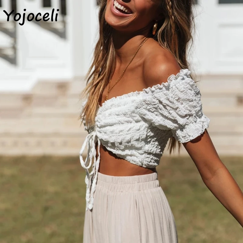 Сексуальные блузки Yojoceli с открытыми плечами женские укороченные топы блузы |