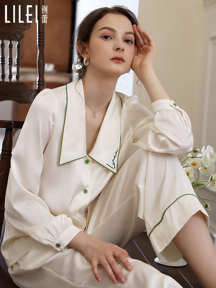 

Spring Autumn Ice Silk Sleepwear Womens Long-Sleeved Pajama Suit Loose Simple Style Comfortable Retro Nightwear Home Wear Set