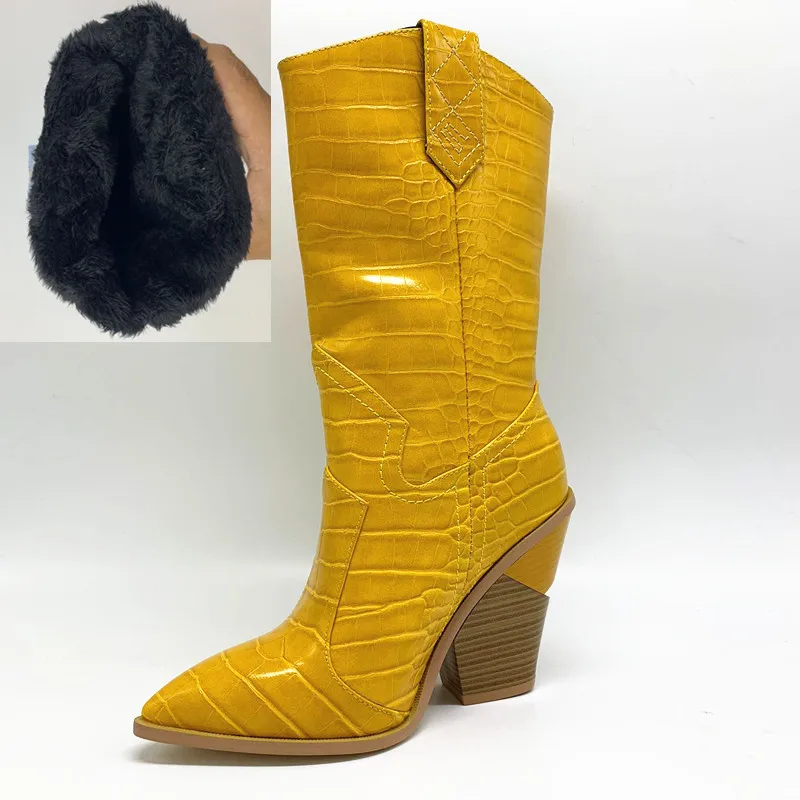 yellow B NEMAONE/Прямая поставка; Брендовые женские ботинки; обувь на танкетке с острым носком; сезон осень-зима; короткие женские сапоги до середины икры в западном стиле - Цвет: yellow B