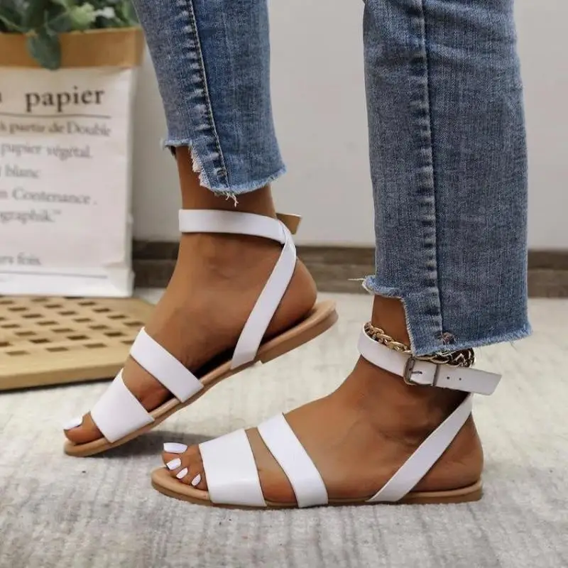 

Pu Sandals Ladies Flat Shoes Ankle Buckle Ladies Summer Shoes Open Toe Beach Casual Shoes Outdoor Retro Plus Size Sandals 42
