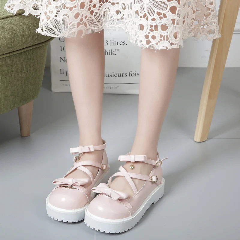 Японская Милая фотообувь с милым бантом и круглым носком черная