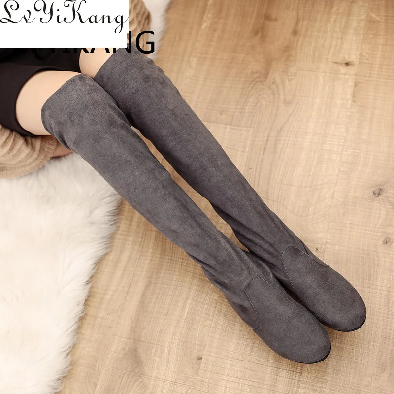 2019 ботинки с зауженным мысом пикантные сапоги высотой до бедра Замшевые