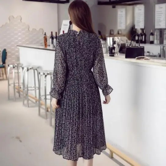 Chiffon Bohemian Dress Autumn Loose Pleated Dresses Women A-line Flower Print Floral Dot Female Vestidos Plus Size DC996 | Женская