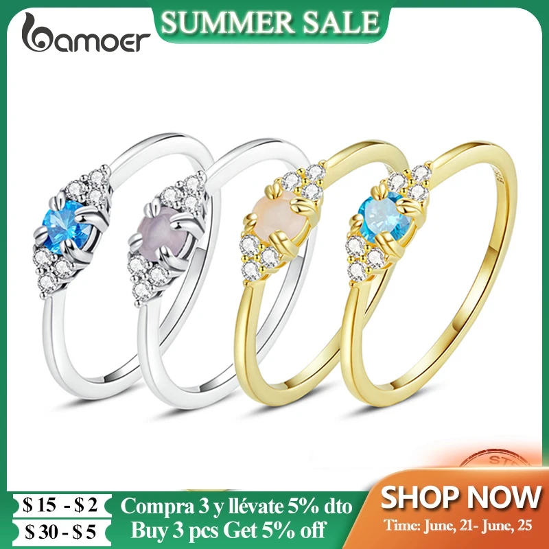 

bamoer Authentic 925 Sterling Silver Gold 4 Colors Crystal Pink Zircon Finger Ring for Women Statement Fashion Jewelry SCR534