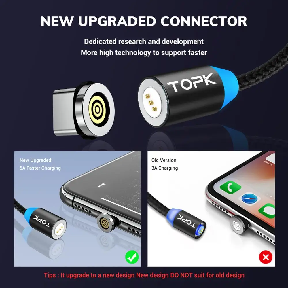 Магнитный USB кабель TOPK 3A для быстрой зарядки Micro Type C магнитное зарядное