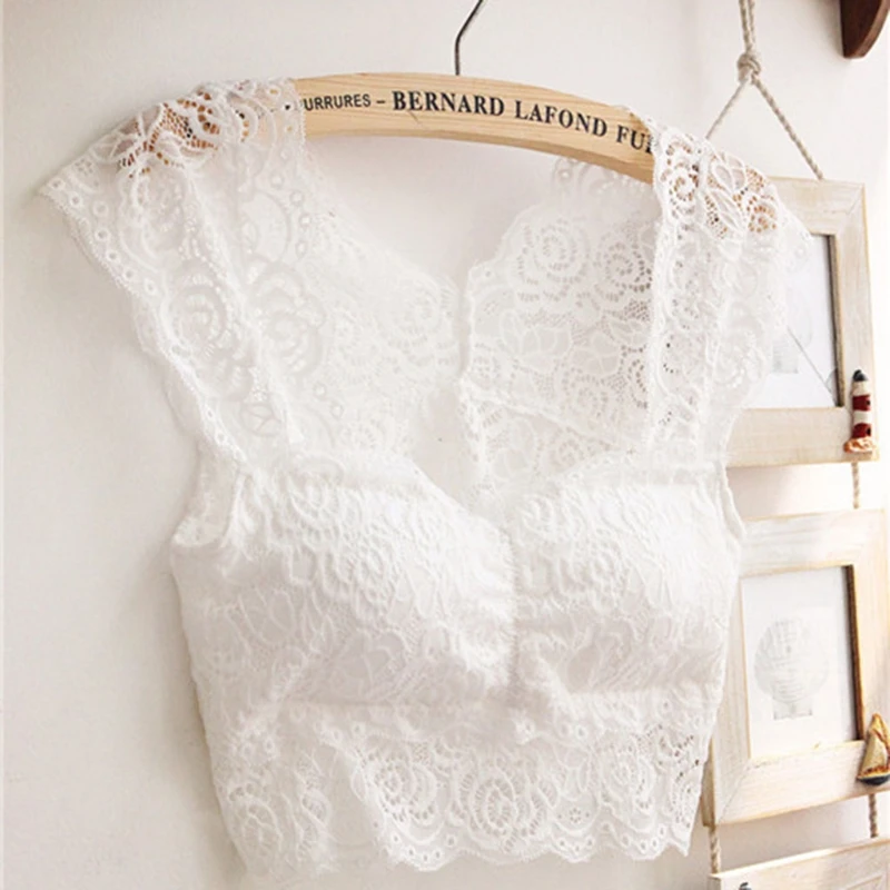 

Womens Lace Floral Bralette Padded Crop Top Wide Shoulder Sexy Bustier Solid New X3UE